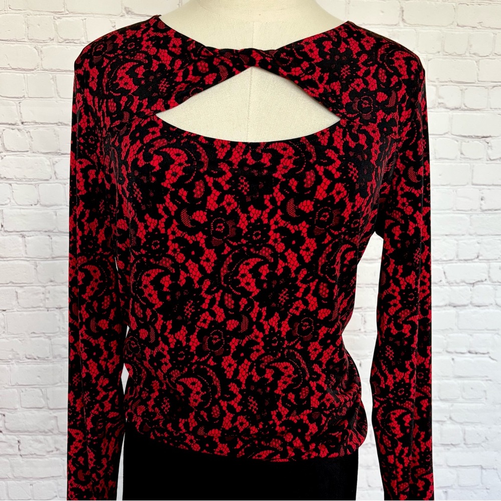 MICHAEL KORS Long Sleeve Red & Black Lace Print Cut Out Top--NWT--L